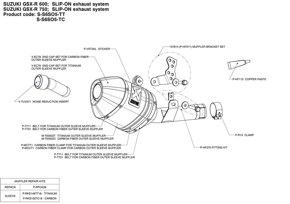 Akrapovic Suzuki GSXR 600 750 2006-2007 Slip-On Exhaust Line Muffler in Carbon Fiber S-S6SO5-TC