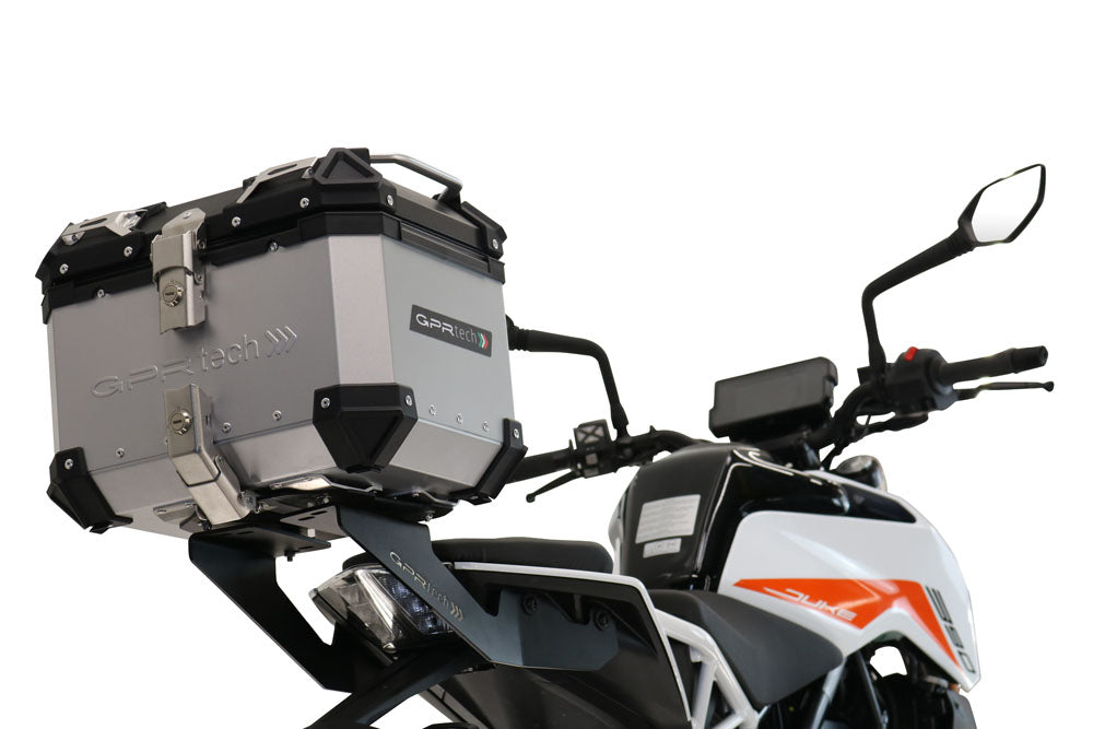 Ktm Duke 250 2017-2020 GPR TECH 35 L Aluminum Top Case, silver color, including roof rack and specific plate